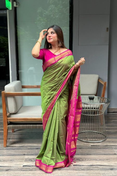Parrot Green Half Silk Inspired Gadwal S...