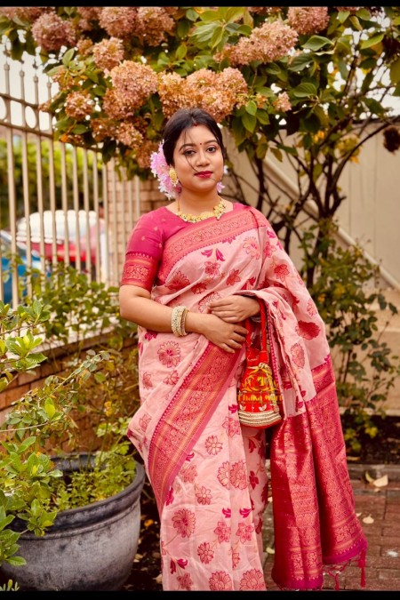 Misty Magenta Tussar Silk Kanchipuram Sa...