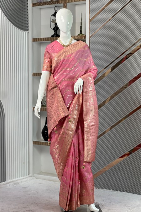 Pink Soft Silk Kimora Designer Sari with...