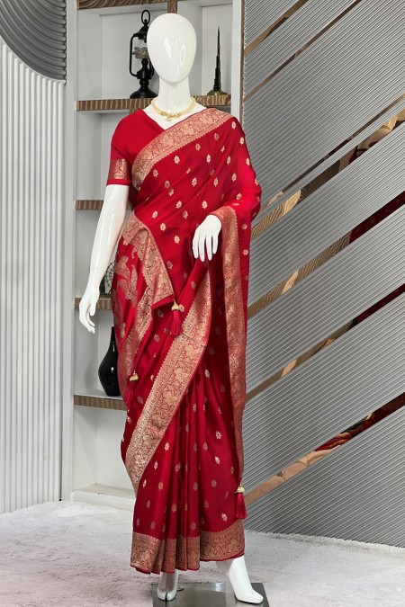 Red Premium Viscose Silk Khaddi Sari wit...