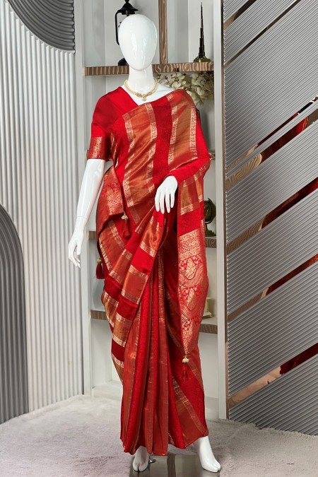 Red Handwoven Viscose Silk Khaddi Sari w...