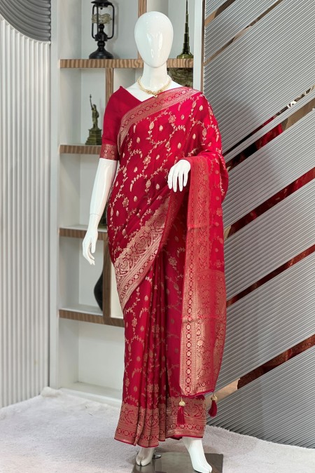 Cherry Red Exclusive Khaddi Sari With Un...