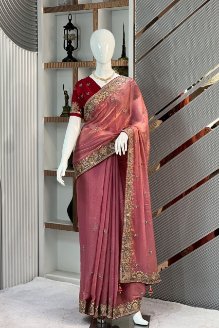 Baby Pink Exclusive Simar Silk Party Sar...