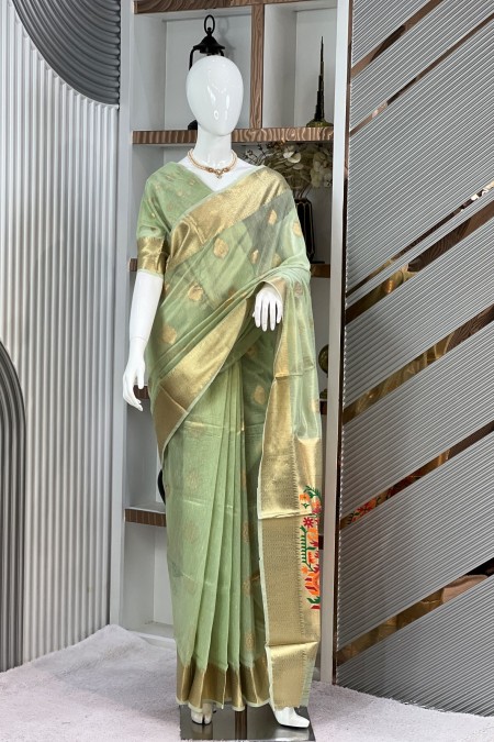 Dusty Blue Tusser Silk Kanchipuram Saree...