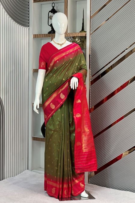 Bottle Green Soft Silk Katan Saree with...