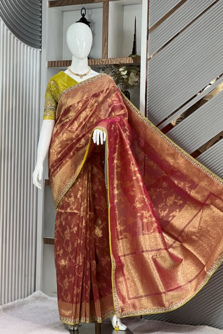 Peachy Pink Fancy Silk Kimora Designer S...