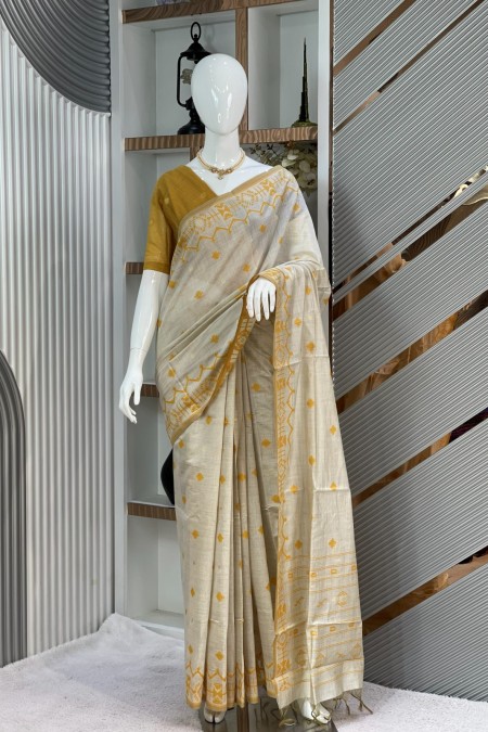 Off White Traditional Jamdani Saree with...