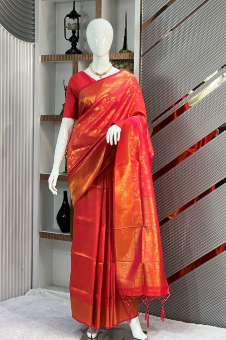 Orange Soft Silk Kanchipuram Saree Onlin...