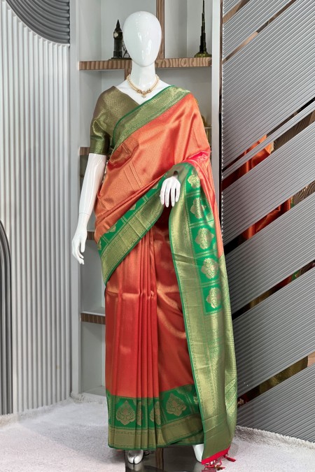 Red and Green Handloom Bridal Soft Silk...