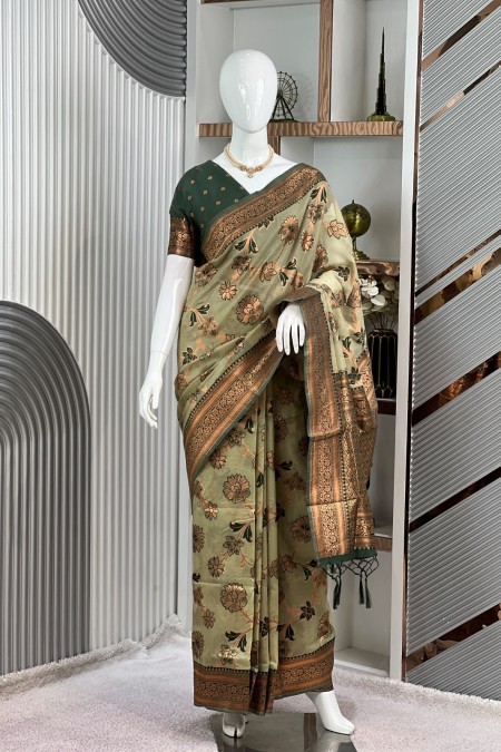 Olive Green Tussar Silk Kanchipuram Sare...