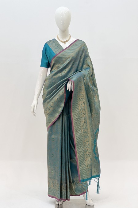 Sea Blue Soft Silk Kanchipuram Saree wit...