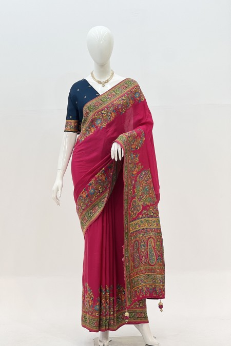 Magenta Kashmiri Kani Silk Saree with Fl...