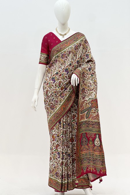White Colour Kashmiri Kani Silk Saree wi...