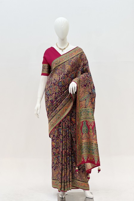Jam Colour Kashmiri Kani Silk Saree with...