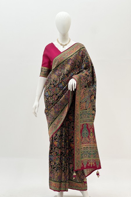 Black Colour Kashmiri Kani Silk Saree wi...
