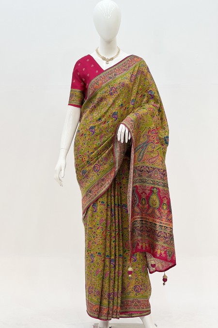 Parrot Green Kashmiri Kani Silk Saree wi...