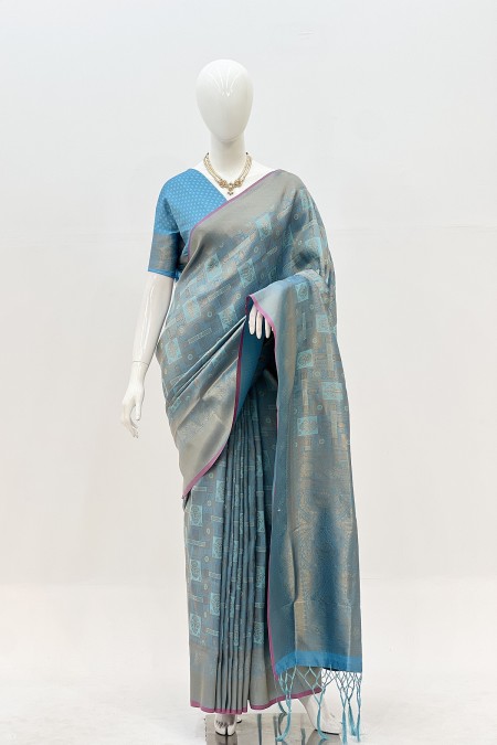 Purple Pure Silk Kanchipuram Saree with...