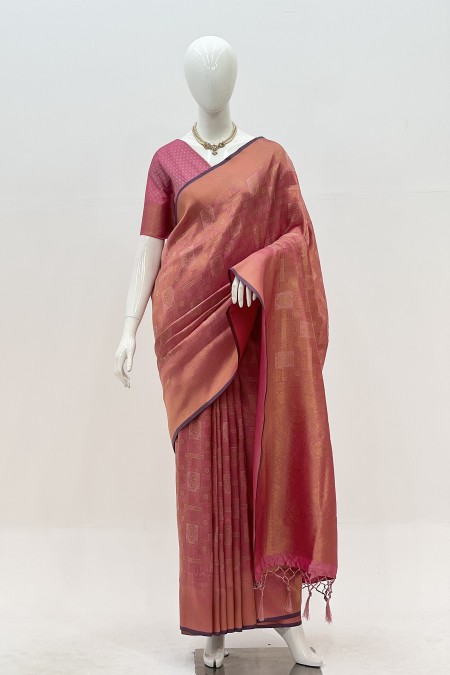 Onion Pink Pure Silk Kanchipuram Saree w...