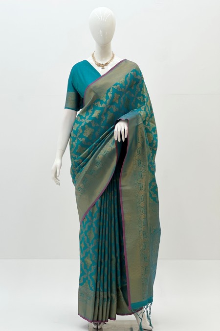 Sea Blue Soft Silk Kanchipuram Saree wit...