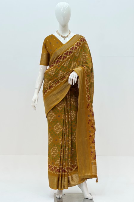 Mustard Yellow Half Silk Patola Saree On...