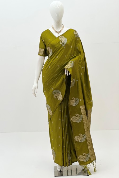 Parrot Green Satin Silk Boutique Saree i...