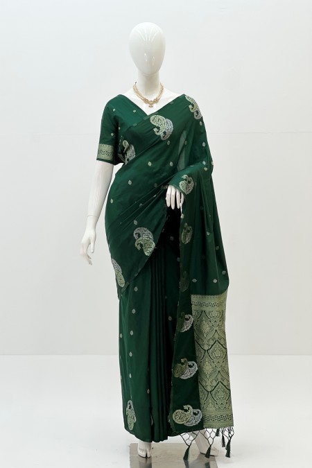 Dark Green Satin Silk Boutique Saree in...