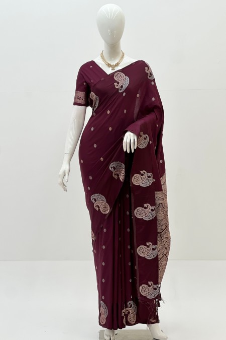 Dark Maroon Satin Silk Boutique Saree in...