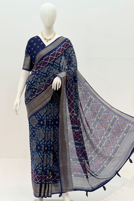 Navy Blue Half Silk Patola Saree Online...