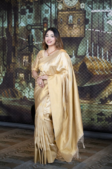 Golden Soft Silk Kanchipuram Saree with...