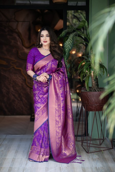 Purple Soft Silk Kanchipuram Saree with...