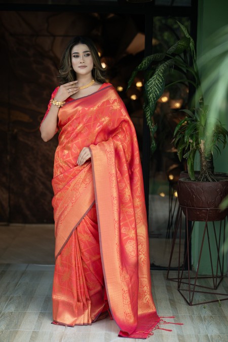 Peach Orange Soft Silk Kanchipuram Saree...