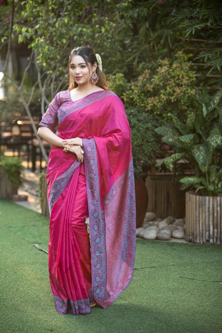 Magenta Soft Silk Kanchipuram Saree with...