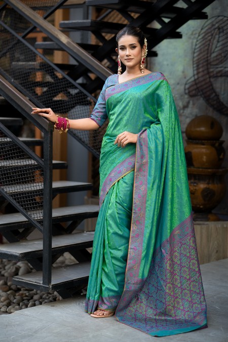 Sea Green Soft Silk Kanchipuram Saree wi...