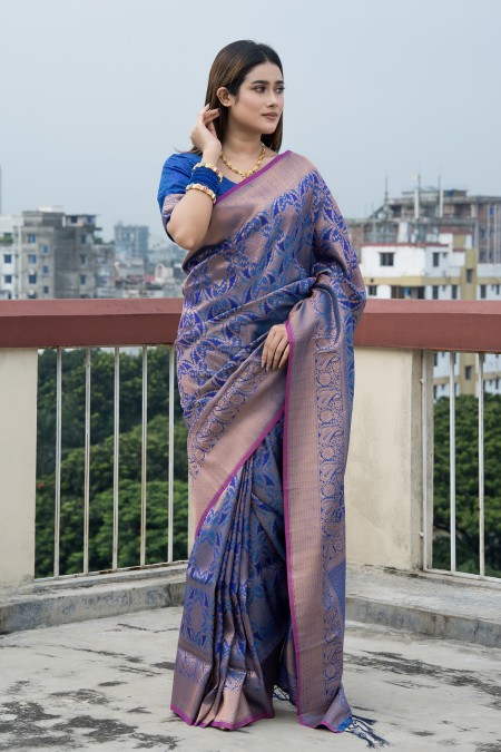 Royal Blue Pure Silk Kanchipuram Saree w...