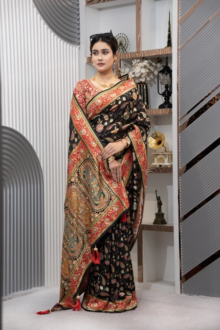 Black Kashmiri Kani Silk Saree in Bangla...