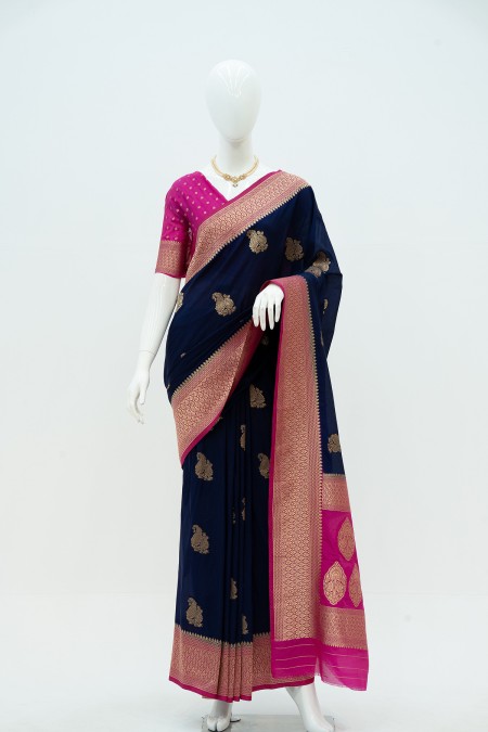 Navy Blue Silk Georgette Khaddi Sari in...