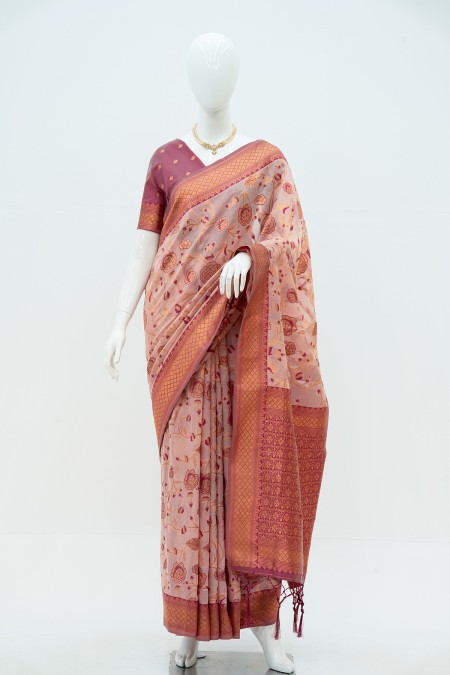 Peachy Pink Tussar Silk Kanchipuram Sare...