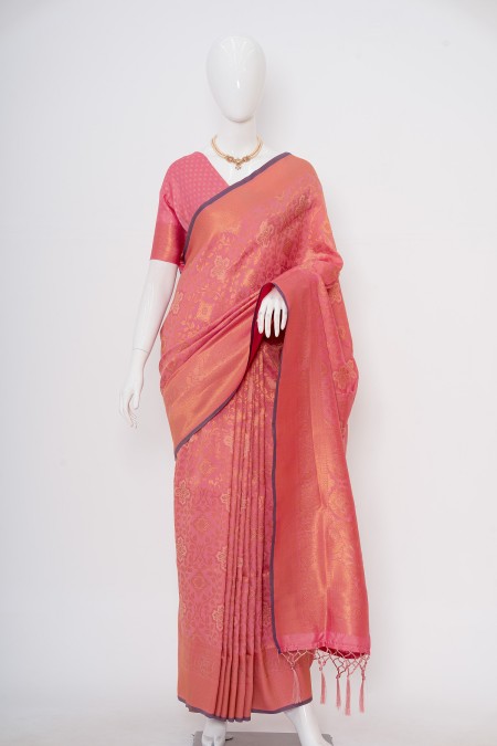 Pink Soft Silk Kanchipuram Saree with un...