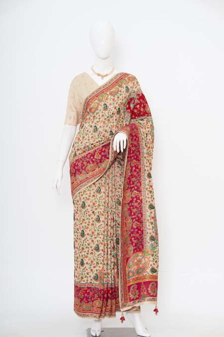 Off-White Viscose Silk Kashmiri Kani Sar...