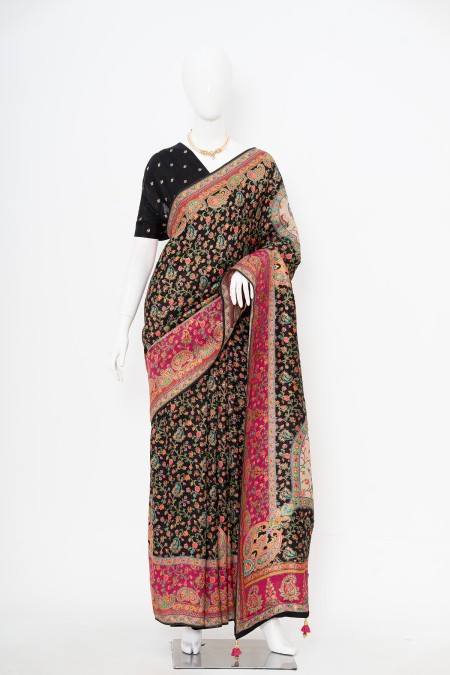 Black Viscose Silk Kashmiri Kani Saree i...