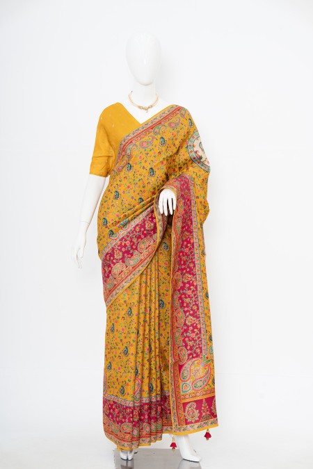 Mustard Yellow Viscose Silk Kashmiri Kan...