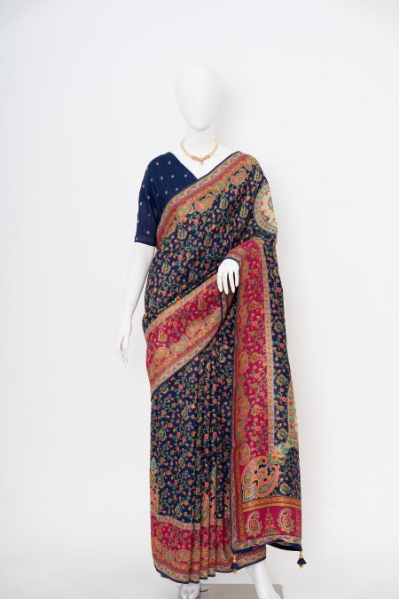Navy Blue Viscose Silk Kashmiri Kani Sar...