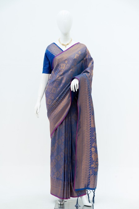 Blue Soft Silk Kanchipuram Saree with un...