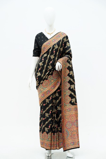 Black Kashmiri Kani Silk Saree in Bangla...