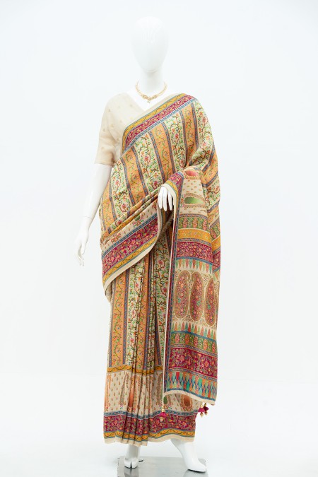 Yellow White Kashmiri Kani Silk Saree in...