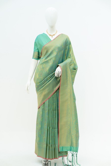 Olive Soft Silk Kanchipuram Saree with u...