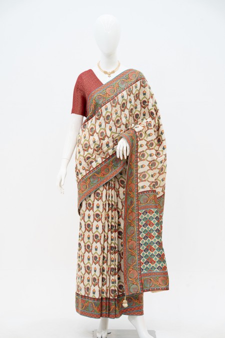 Off-white Viscose Silk Kashmiri Kani Sar...