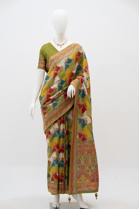 Olive Green Viscose Silk Kashmiri Kani S...