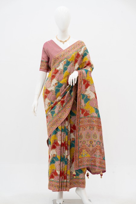 Pink Viscose Silk Kashmiri Kani Saree in...