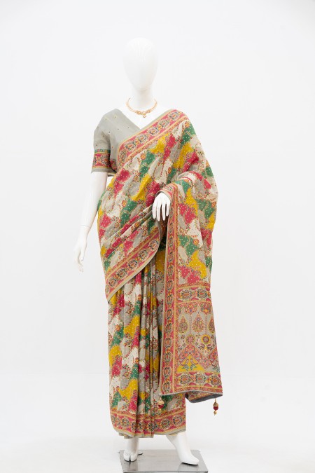 Ash Colour Viscose Silk Kashmiri Kani Sa...